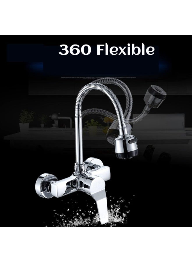 المفتاحة خلاط حوض مطبخ يُثبّت على الحائط | صنبور ماء ساخن وبارد بوضعين للرش | خلاط مطبخ بفتحتين وذراع واحد مع فوهة قابلة للدوران 360 درجة - Image 2